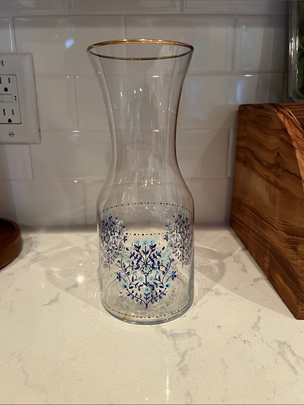 Anthropologie Clear Glass Carafe with Blue Floral Motif and Gold Trim